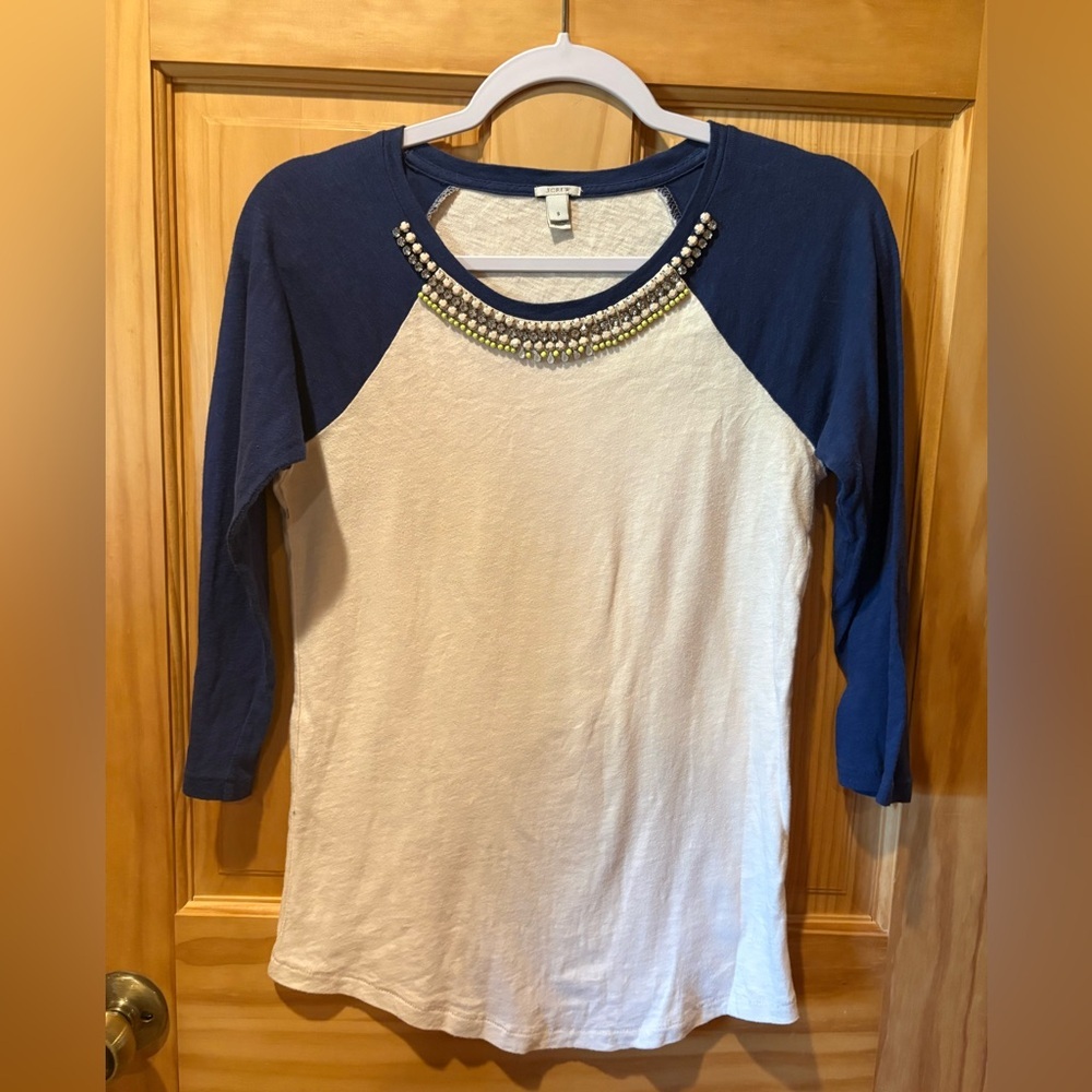 J. Crew Jeweled Collar Baseball Tee Raglan 3/4 Sleeve Navy White size S